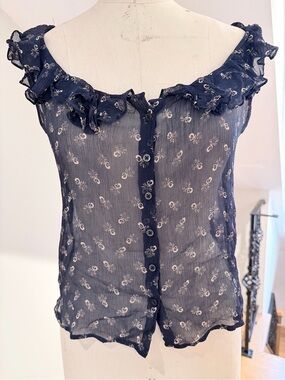 Ralph Lauren Silk Navy Ruffle Button-Front Top
